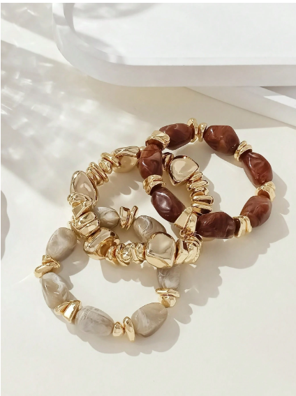 Shein 3pcs Vintage Bohemian Bracelet Set, Thick Multi-Layer Brown Acrylic Beaded Bracelets>