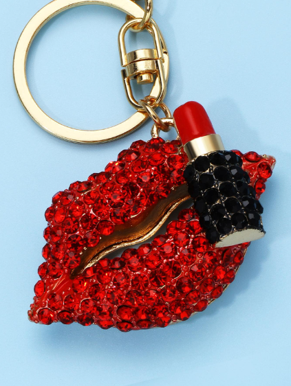Shein 1pc Women's Creative & Fashionable Rhinestone-Studded Red Lips Keychain -.