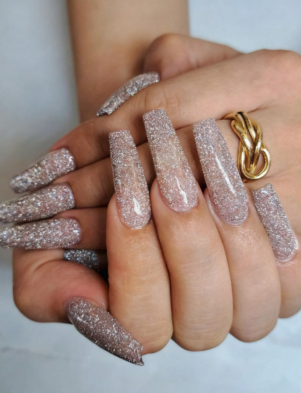 Shein Coffin Shaped Nail Tips, Non-Shedding Glitter, Full Cover False Nails Set +
