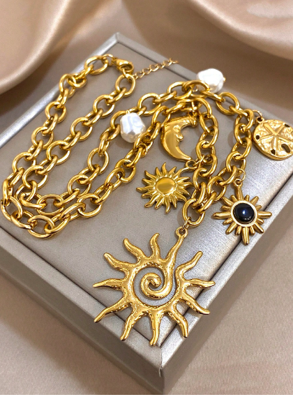 Shein 1Pc Vintage Boho Luxury 18K Gold Plated Stainless Steel Sun Moon Star Charm Bracelet &amp; Necklace Set>