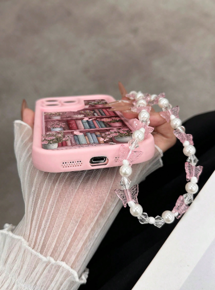 Lanyard Bookshelf Painted Creative Minimalist Pink Phone Case With Butterfly Bracelet>