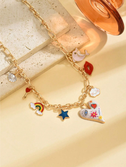 Shein 1pc Fashionable Funky Jewelry Necklace With Metal Exaggerated Colorful Painted Heart, Lip, Shell, Dolphin, Rainbow, Cloud Pendant Decoration, Adjustable Length Necklace>