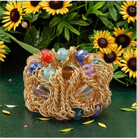 Shein Gold Woven Chain & Multi-Color Faceted Gem Cuff Bracelet