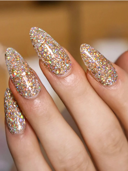 Shein 24pcs Champagne Glossy Press-On Nails, Almond Shape, With UV Coating, Gold Manicure +