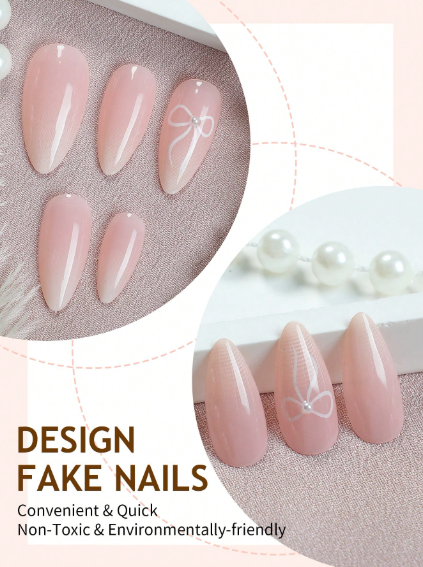 Shein Full Cover Artificial Nails With Bow Decor -.