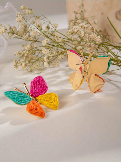 Shein Colorful Rattan Weaving Metal Butterfly Earrings>