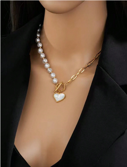 Shein 1pc Fashion Niche Design Stainless Steel Faux Pearl Chain Asymmetric Splice OT Buckle Collarbone Necklace With Heart Pendant>