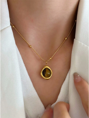 Shein 1pc Vintage Brown Natural Stone Titanium Steel Pendant Necklace, (Code: D)>