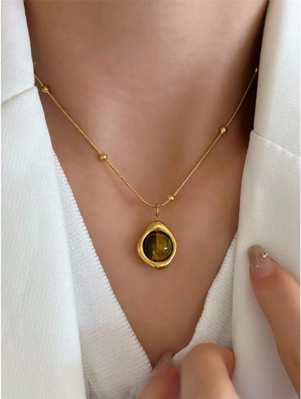 Shein 1pc Vintage Brown Natural Stone Titanium Steel Pendant Necklace, (Code: D)>