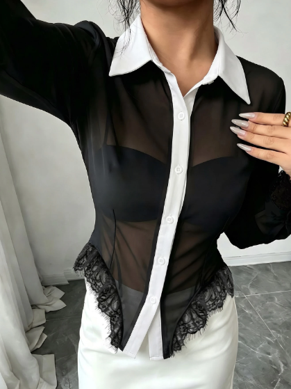 Shein Date Night Contrast Color Placket Lace Patchwork Top, XL
