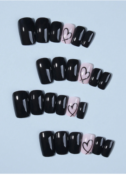 Shein Short Square Black Heart Nail Stickers, Acrylic Material With Rhinestone Design -.