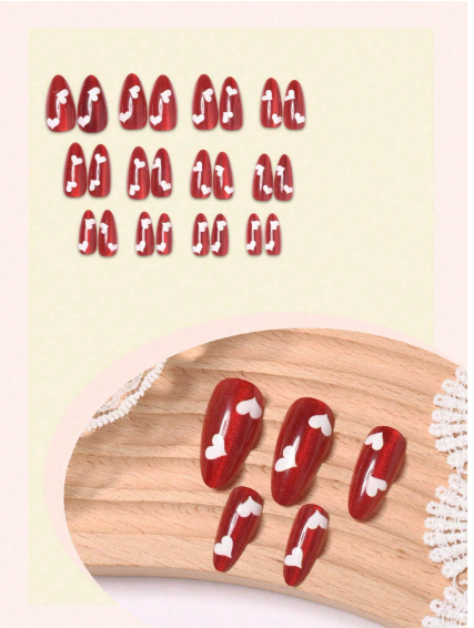 Shein 24pcs Cat Eye Red Nail Stickers, White Heart Decor -.