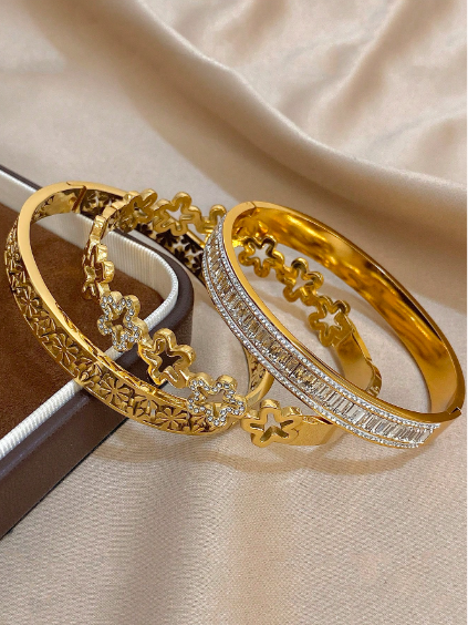 Shein 18K Gold Plated Stainless Steel Cutouts Floral Luxe Bangle Bracelets Set>