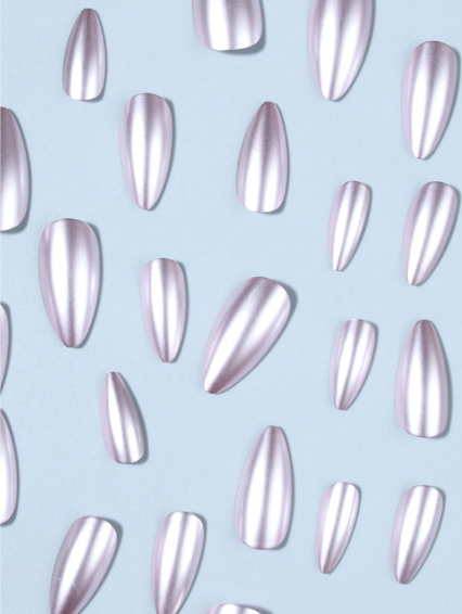 Shein Pink Holographic Metallic Chrome Shiny Medium Almond Shaped Press-On Nail >