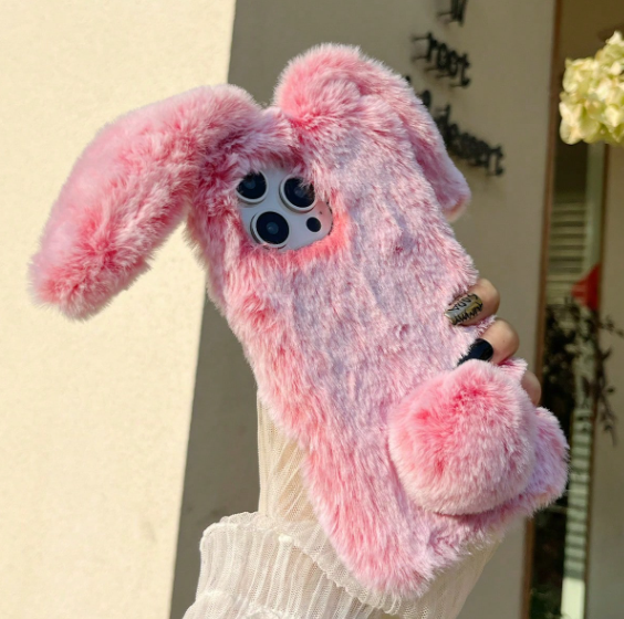 Cute Rabbit Ear Plush Phone Case, Fluffy Phone Shell>