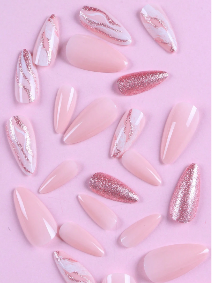Shein Glamorous 24pcs Long Almond Marble Smudge Glitter Fake Nail +