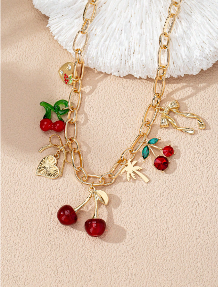Shein 1pc Cherry Charm, Palm Tree Heart Locket, Bow Charm Necklace >