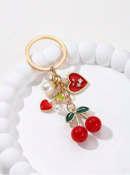 Shein Designed Faux Pearl Cute Creative Red Cherry Faux Pearl Keychain -.