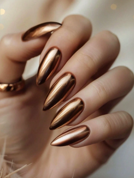 Shein Metal Chrome Alloy Press-On Nail Stickers, Almond Shaped Gold Nail Stickers>