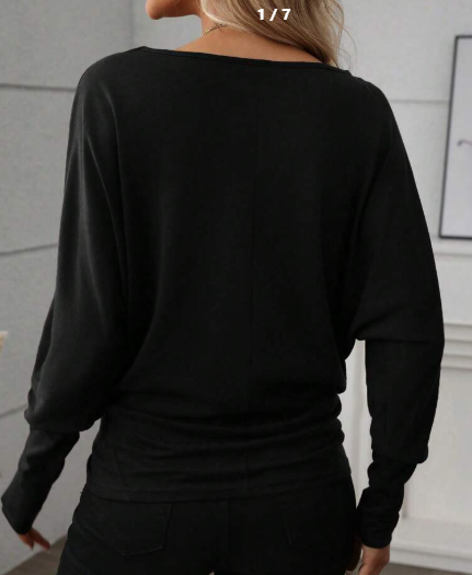 Shein Women Solid Color Round Neck Long Sleeve Pleated Casual T-Shirt, M +