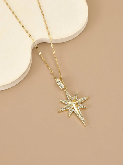 Shein 1pc Fashionable Full Rhinestone Octagram Necklace, Waterproof Stainless Steel Jewelry>