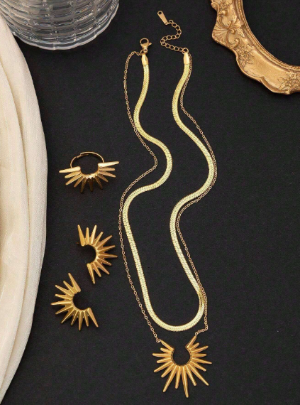 Shein 4pcs/Set Stainless Steel Sunflower Pendant Necklace + Earrings + Ring Jewelry Set>