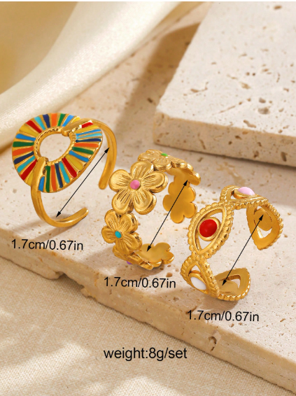 Shein 3pcs/Set Stainless Steel Minimalist Colorful Enamel Round Floral Open Ring Set>