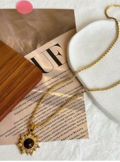 Shein 1pc Vintage Brown Natural Stone Titanium Steel Pendant Necklace Code:B)>