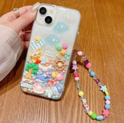 1pc Cute Beach/Slipper Party/Pink Girl Series Thickened Glitter Soft Shell Phone Case With Full-Shell Accessory/Colorful Beaded Star Shaped Strap>