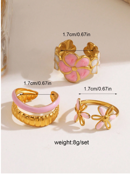 Shein 3pcs/Set Stainless Steel Minimalist 18K Gold Plated Pink Enamel Flower Rings>