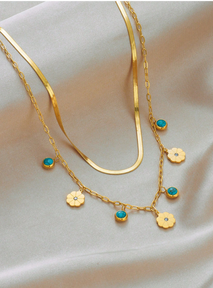 Shein 1pc Multi-Layered Titanium Steel Round Turquoise & Small Flower Decor Pendant Necklace