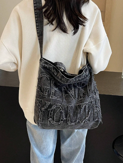 Shein Minimalist Style Raw Edge Letter Design Jeans Canvas Tote Bag -.