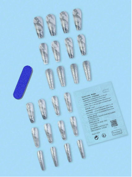 Shein Silver Glitter 25 Pc Set Long Coffin Shape Marble Design Nails +