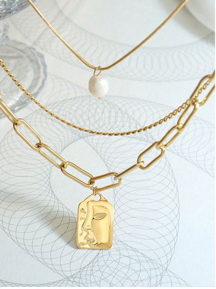 Shein 1 pc Three-Layer Vintage Fashionable and Unique High-End Multi-Layered Face Pendant Stainless Steel Necklace>