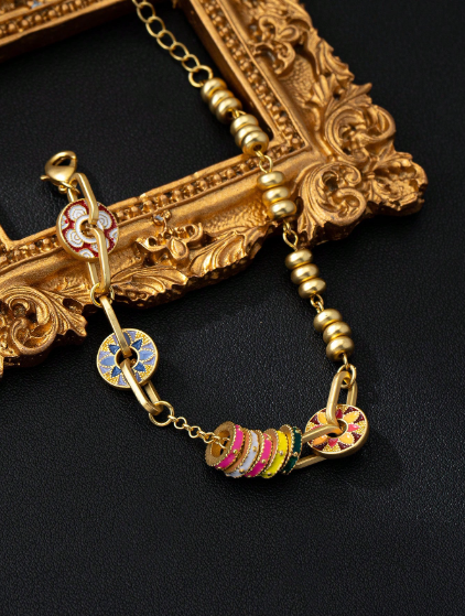 Shein 1pc Traditional Blue Flower Enamel Beaded Bracelet >