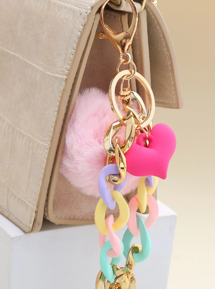 Shein Cute Pom Pom & Heart Charm Keychain -.