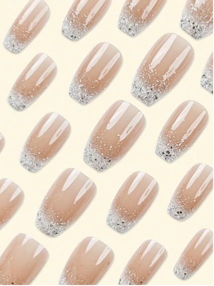 Shein French Style Silver Glitter Pattern Beauty Simple Style Fake Nails >