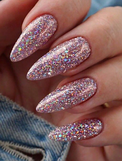 Shein 24pcs Purple Glossy Acrylic Press-On Nails, Almond Shape, With UV Coating +