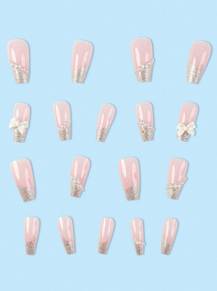 Shein 24pcs/Set Coffin-Shaped Luxury Pearl & Bowknot Design French Style Glitter False Nails>