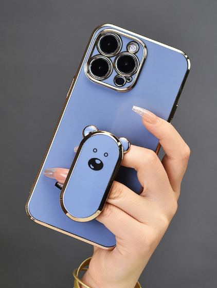 1PC Electroplated Phone Case With Cute Bear Design & Hidden Phone Grip>