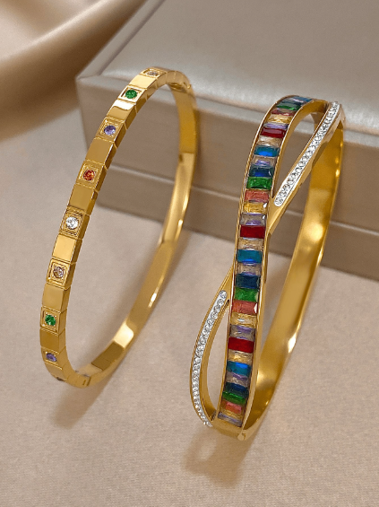 Shein 18K Gold Plated Stainless Steel Multicolor Zirconia Bangle Bracelets Set With Diamond Accents >