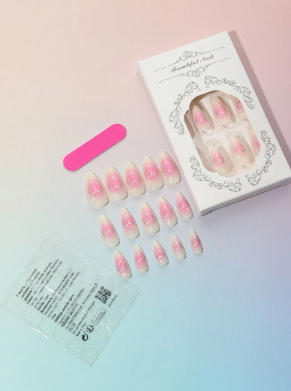 Shein Valentine's Day Style Autumn Color Nail Tips With Golden Heart Design +