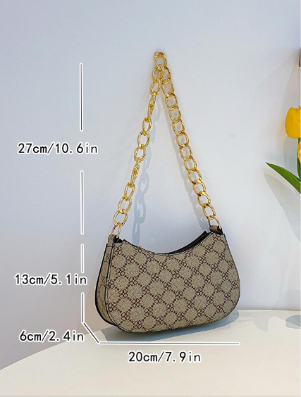 Shein Mini Geometric Pattern Chain Strap Hobo Bag Zipper>