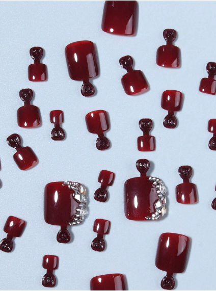 Shein Wine Red Square Press On Toenails Tips With Rhinestone Design Toenail -.