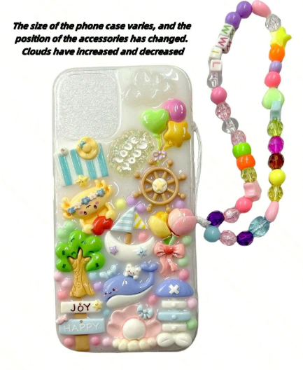 1pc Cute Beach/Slipper Party/Pink Girl Series Thickened Glitter Soft Shell Phone Case With Full-Shell Accessory/Colorful Beaded Star Shaped Strap>