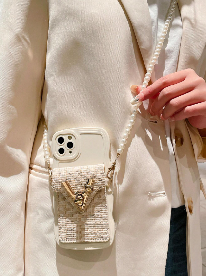 1pc Fashionable Luxury Faux Pearl Chain Card Holder Case>