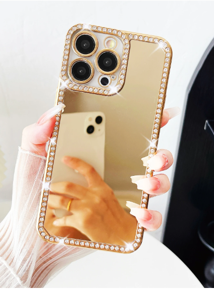 Gold Mirror Rhinestone Border Sparkly Sequin Laser Engraved Mirror Effect 1pc Phone Case>