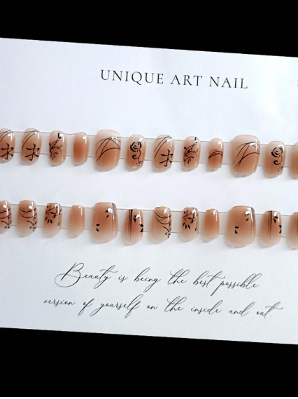 Shein 30pcs Elegant Ink Painting Style Bamboo Leaves & Rose Design False Nails>