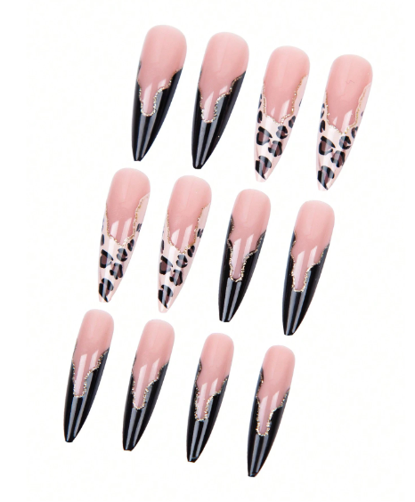 Shein 24pcs Black & Brown Leopard Print French Long Pointed Press-On Nails