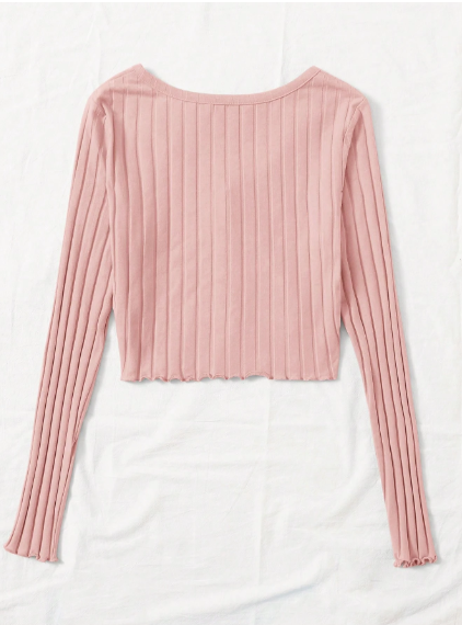 Shein Button Front Lettuce Trim Rib-knit Tee, L -.